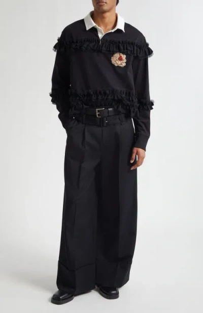 Simone Rocha Embroidered Crest Ruffle Rugby Shirt In Black