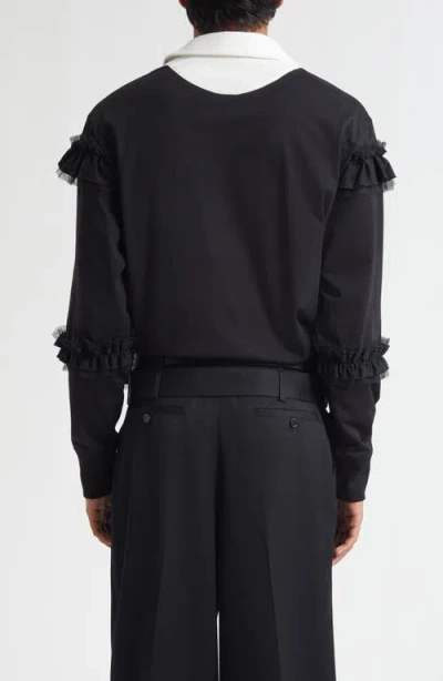 Simone Rocha Embroidered Crest Ruffle Rugby Shirt In Black
