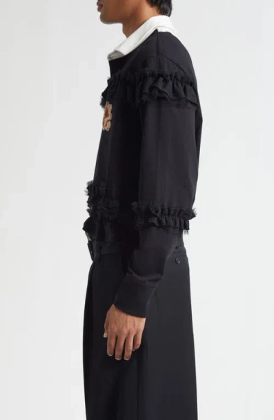 Simone Rocha Embroidered Crest Ruffle Rugby Shirt In Black