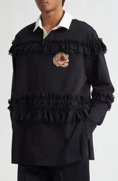 Simone Rocha Embroidered Crest Ruffle Rugby Shirt In Black