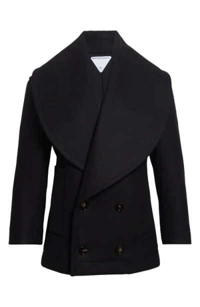 Bottega Veneta Stretch Wool Blend Felt Double Breasted Coat In Black