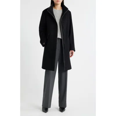 Fleurette Margaux Mid-length Wool Coat With Leather Trim In Black