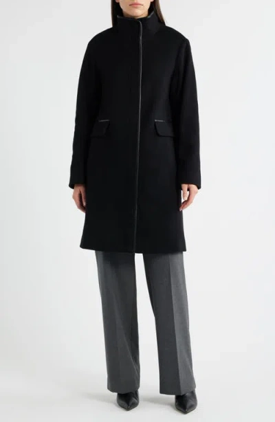 Fleurette Margaux Mid-length Wool Coat With Leather Trim In Black