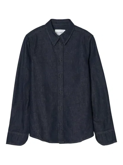 Closed Seaming Button Down Denim Shirt In Dark Blue In Blue