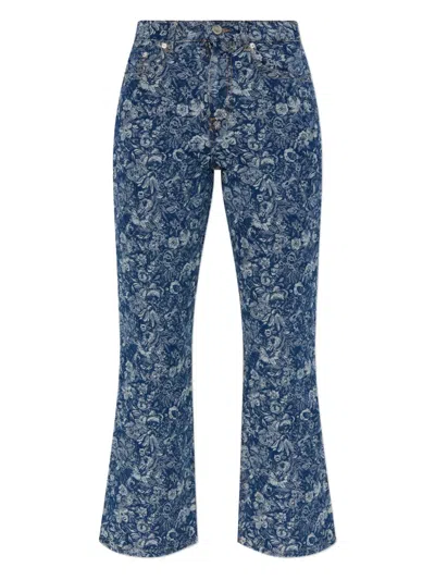 Ganni Blue Straight Tapestry Cropped Betzy Jeans In Multi