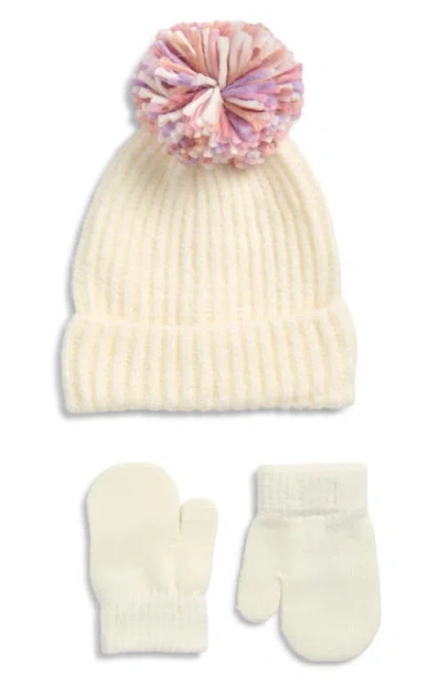 Capelli New York Kids' Fuzzy Knit Pompom Beanie & Gloves Set In White