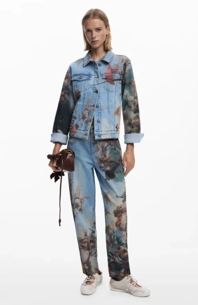 Desigual Printed Barrel Leg Jeans In Blue
