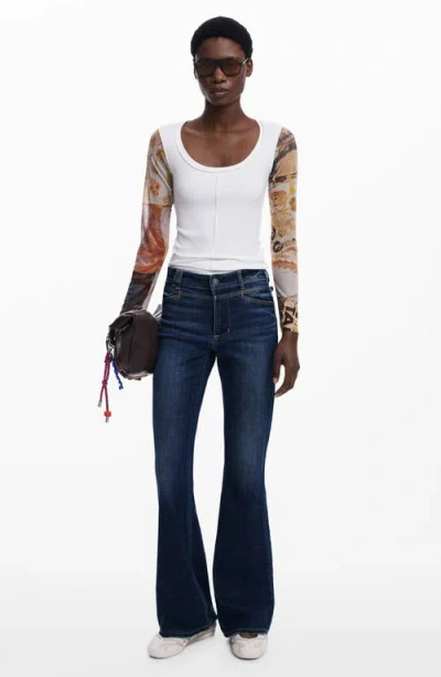 Desigual Mesh Sleeve Scoop Neck Rib Top In White