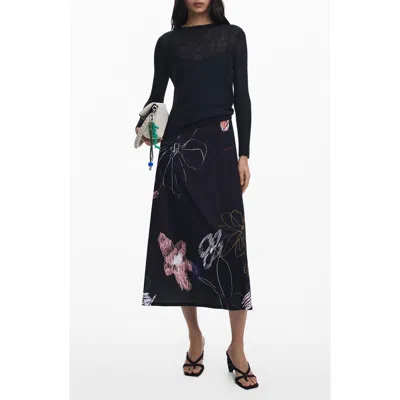 Desigual Mixed Media Long Sleeve Midi Dress In Black