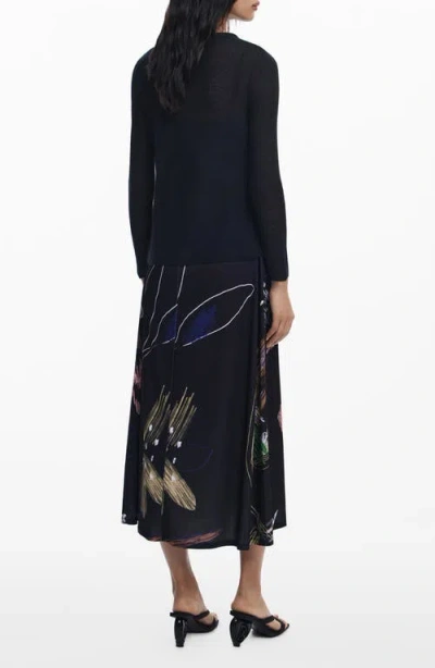 Desigual Mixed Media Long Sleeve Midi Dress In Black