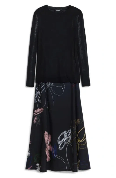 Desigual Mixed Media Long Sleeve Midi Dress In Black