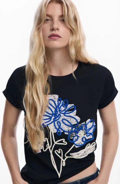 Desigual Floral Crewneck Cotton Graphic T-shirt In Black