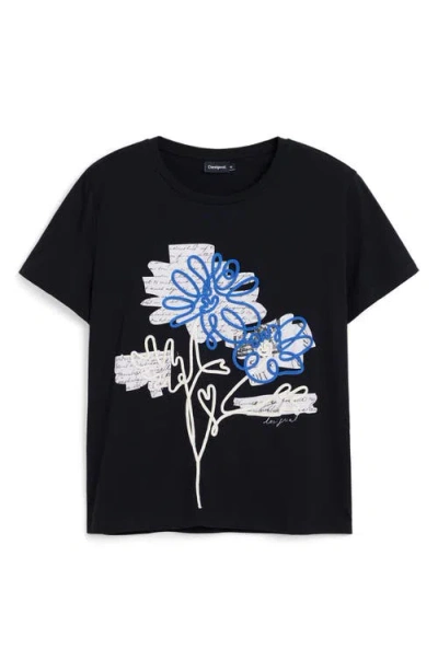 Desigual Floral Crewneck Cotton Graphic T-shirt In Black