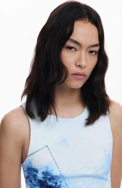 Desigual Print Pleated Sleeveless Minidress In Blue