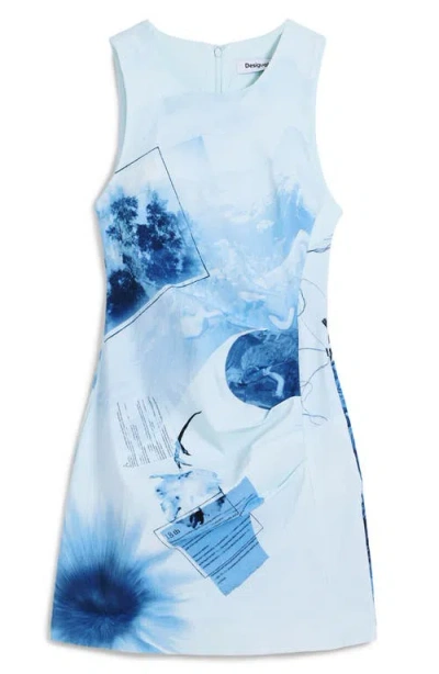 Desigual Print Pleated Sleeveless Minidress In Blue