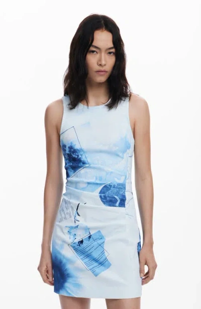 Desigual Print Pleated Sleeveless Minidress In Blue