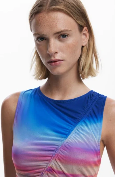 Desigual Drawstring Front Mesh Tank In Blue