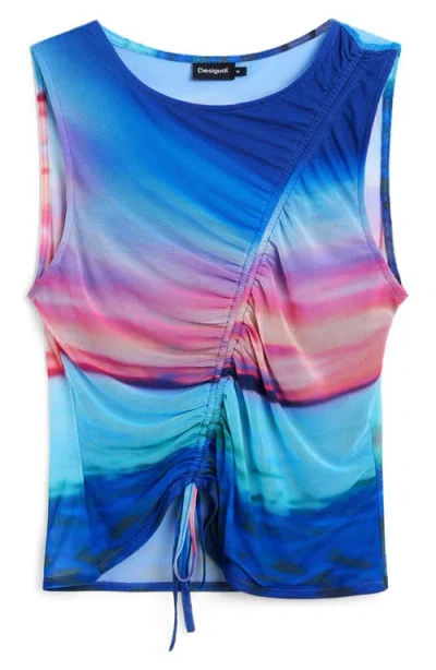 Desigual Drawstring Front Mesh Tank In Blue
