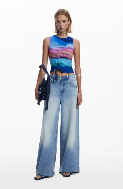 Desigual Drawstring Front Mesh Tank In Blue