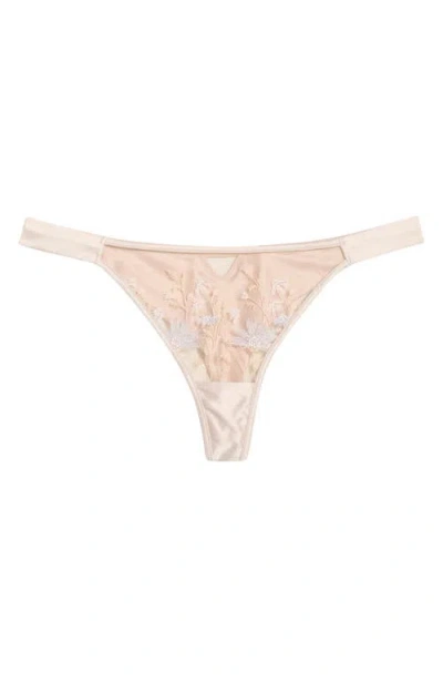 Etam Champetre Embroidered Satin & Mesh Thong In Neutral