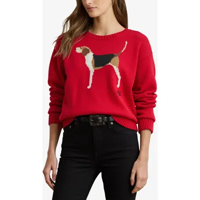 Ralph Lauren Lauren  Intarsia Foxhound Cotton Sweater In Red