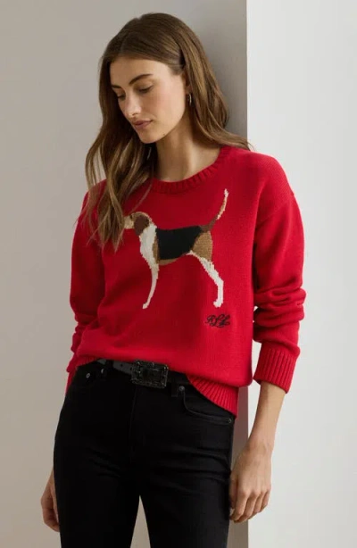 Ralph Lauren Lauren  Intarsia Foxhound Cotton Sweater In Red