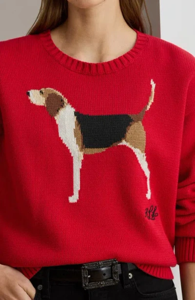 Ralph Lauren Lauren  Intarsia Foxhound Cotton Sweater In Red