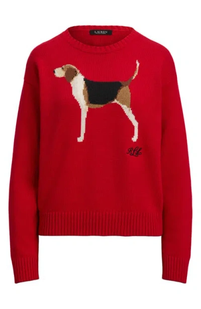 Ralph Lauren Lauren  Intarsia Foxhound Cotton Sweater In Red