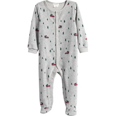 Petit Lem Festive Truck Print Fitted One-piece Velour Pajamas In Gray
