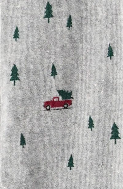Petit Lem Festive Truck Print Fitted One-piece Velour Pajamas In Gray