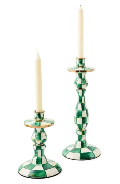 Mackenzie-childs Mackenzie Childs Emerald Check Small Enameled Steel Candleholder In Green