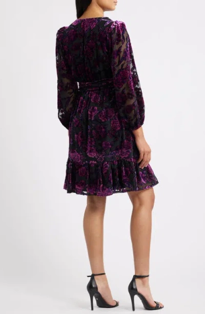 Eliza J Ruffle Floral Burnout Long Sleeve Fit & Flare Cocktail Dress In Purple