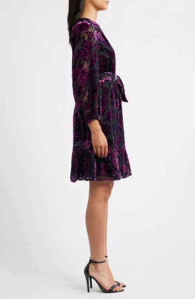 Eliza J Ruffle Floral Burnout Long Sleeve Fit & Flare Cocktail Dress In Purple