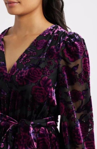 Eliza J Ruffle Floral Burnout Long Sleeve Fit & Flare Cocktail Dress In Purple