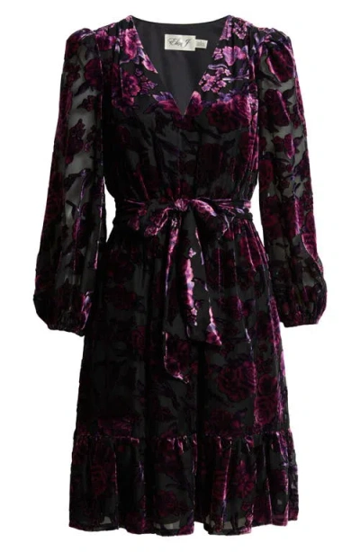 Eliza J Ruffle Floral Burnout Long Sleeve Fit & Flare Cocktail Dress In Purple