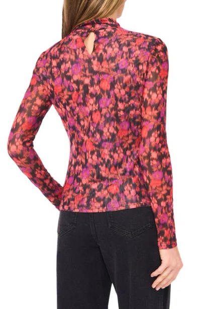 Cece Blurred Floral Mock Neck Mesh Top In Multi