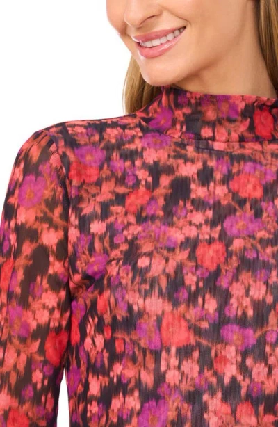 Cece Blurred Floral Mock Neck Mesh Top In Multi