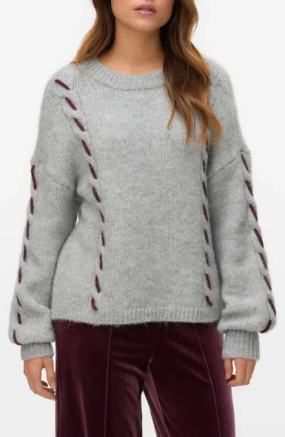 Vero Moda Vmilina Long Sleeve Handstitch Pullover Sweater In Gray