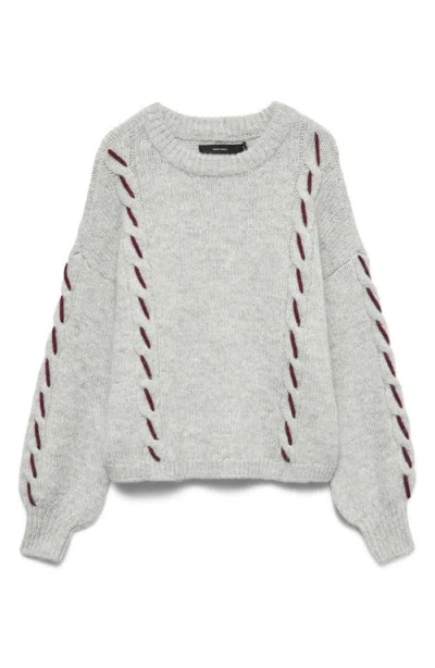 Vero Moda Vmilina Long Sleeve Handstitch Pullover Sweater In Gray