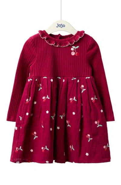 Jojo Maman Bébé Jojo Maman Bebe Kids' Cherry Embroidered Long Sleeve Dress In Red