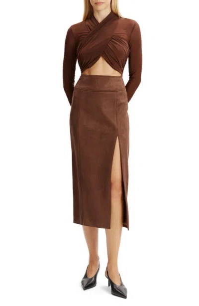Bardot Dante Vegan Suede Midi Skirt Chocolate In Brown