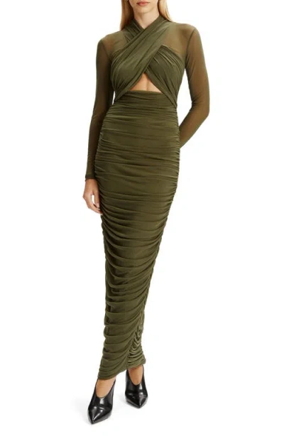 Bardot Aliyah Long-sleeve Front-cutout Midi Dress In Green