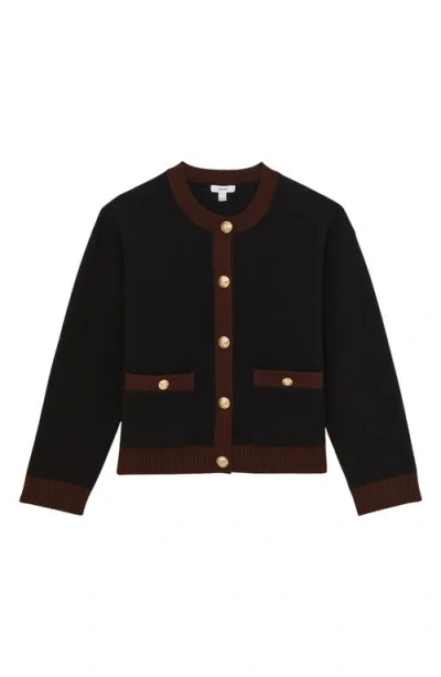 Reiss Womens Burgundy Black Olive Contrast-trim Wool And Cashmere-blend Cardigan In Multi