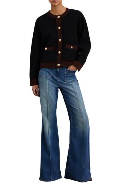 Reiss Womens Burgundy Black Olive Contrast-trim Wool And Cashmere-blend Cardigan In Multi