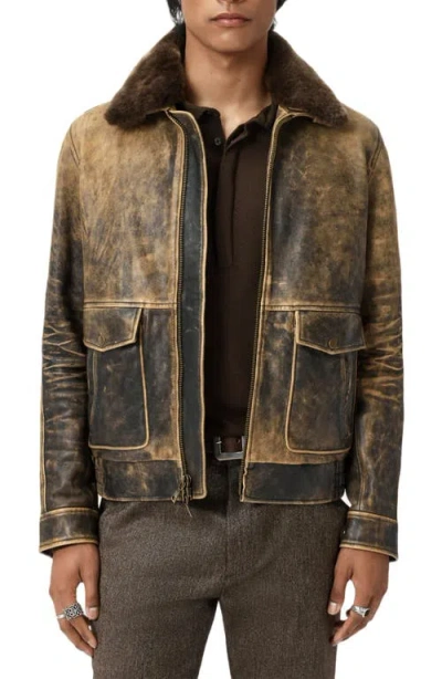 John Varvatos Atlas Distressed Leather Jacket With Removable Genuine Shearling Collar In Brown