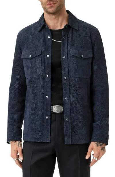 John Varvatos Jonah Herringbone Pattern Leather Overshirt In Blue