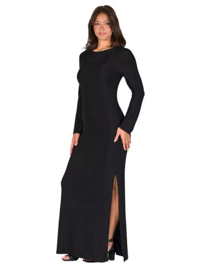 24seven Comfort Apparel Fitted Long Sleeve Shimmery Fabric Side Slit Maxi Dress In Black