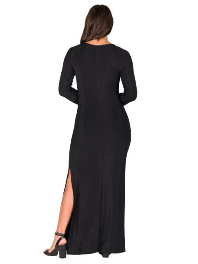 24seven Comfort Apparel Fitted Long Sleeve Shimmery Fabric Side Slit Maxi Dress In Black