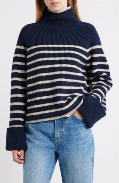 Rag & Bone Stripe Wool Cuff Sleeve Funnel Neck Sweater In Blue