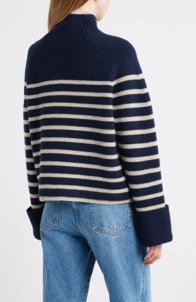 Rag & Bone Stripe Wool Cuff Sleeve Funnel Neck Sweater In Blue